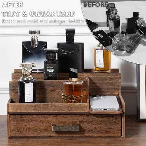 Cologne Organizer for Men, 3 Tier Perfume Display Stand with Drawer and Hidden Compartments, Stylish Wooden Mens Cologne Holder for Dresser Storage, Great Gift for Men/Fathers, Deep Brown