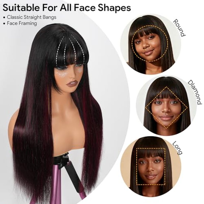 Ruiyu 1B/99J Burgundy Human Hair Wig with Bangs Balayage 2x4 HD Lace Closure Front Burgundy Highlight Straight Bang Wig Straight Wear and Go Glueless 100% Brazilian Human Hair for Women 16 Inch