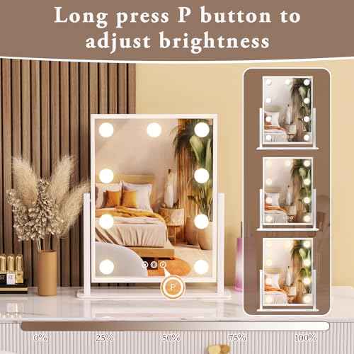 Vanity Mirror with Lights, Lighted Makeup Mirror Hollywood Makeup Mirror with 9 Dimmable Bulbs and 3 Color Lighting Modes, Smart Touch Control, 360¡ÆRotation