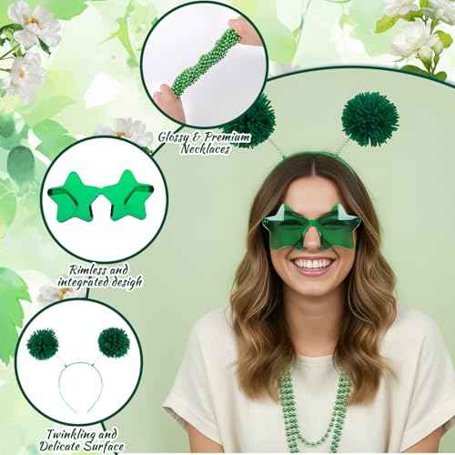 50 Pcs Green Holiday Party Accessories Pom Pom Party Headbands Star Shape Sunglasses Bead Necklaces Stuff Favors for Birthday Wedding Supplies(Classic)