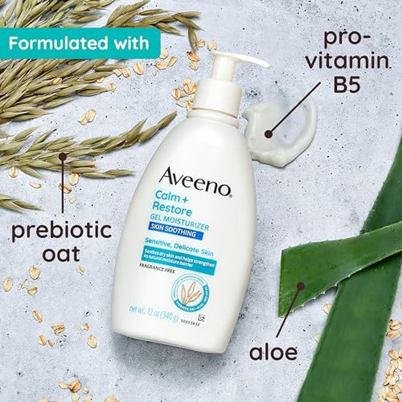 Aveeno Calm + Restore Body Moisturizer Gel for Sensitive Skin, Lightweight Moisturizer to Help Heal Dry Skin with Aloe Vera, Prebiotic Oat and Pro-Vitamin B5, Fragrance Free, 12 OZ
