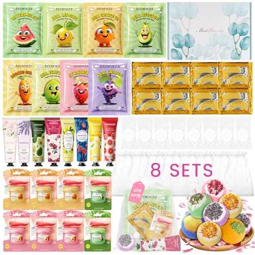 56Pcs Spa Party Supplies Set,Including 8 Spa Kits with Facial Masks Eye Patches Hand Cream Lip Balm Foot Bath Bombs,Ideal Gift for Sleepover,Spa Day,Slumber & Birthday Party Favors