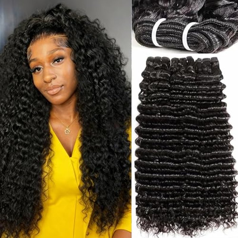 Human Hair Bundles 18 20 22 Inch Deep Wave Bundle 12A Brazilian 100% Unprocessed Virgin Human Hair 3 Bundles Deep Curly Wet and Wavy Human Hair Quick Weave Extensions for Women Natural Black
