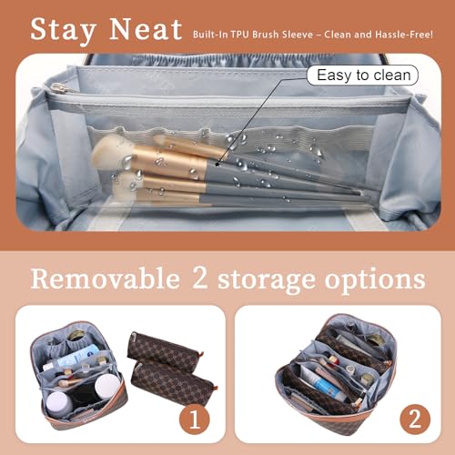 BOYATU Travel Makeup Bag Cosmetic Bags for Women: 3 Pcs Set Large Portable Make up Bag with Handle - Vegan Leather Toiletry Bags with Compartments - Makeup Organizer for Travel Essentials(A-1-Coffee)