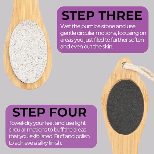 Dermasuri - 4 in 1 Exfoliating Foot Scrub Kit - Multi Purpose Foot Care - Natural Bamboo Pedicure Foot Spa Kit - Pumice Stone Callus Remover - Stainless Steel File, Sand Paper Surface, & Dry Brush