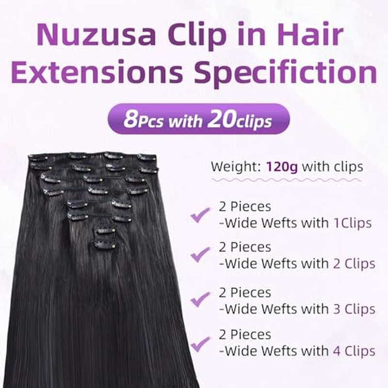 Clip in Hair Extensions Real Human Hair,100% Seamless Remy Human Hair Straight,Clip Extensions for Women, 8pcs Per Set with Double Weft,1B Natural Black,24inch 120g/4.2oz