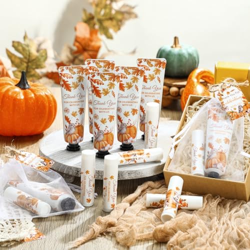 48 Sets 192 Pcs Thanksgiving Pumpkin Hand Cream and Lip Balm Fall Party Favors Gifts for Guests Pumpkin Bridal Baby Shower Wedding Party Favor with Thank You Card Organza Bags Travel Size