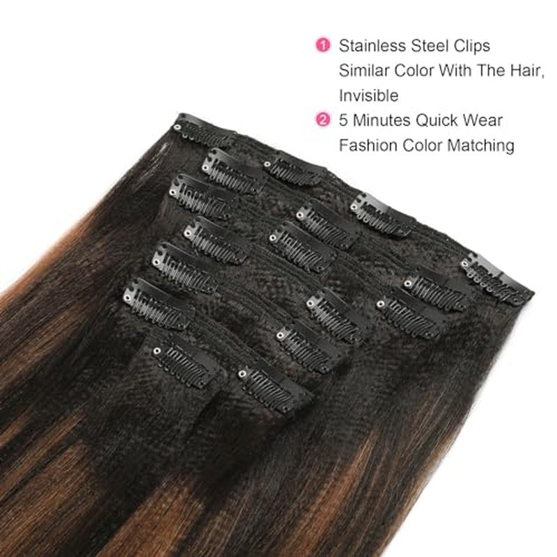 ABH AMAZINGBEAUTY HAIR Yaki Clip in Hair Extensions Human Hair Rooted Black Piano Natural Black #1B With Medium Auburn #30 Two Tone Yaki Straight Clip ins for Black Women 20 Inch Full Head 120G 7Pcs