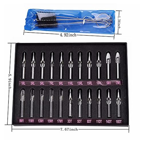 Tattoo Stainless Steel Tips Kit, 22pcs Assorted Stainless Steel DT RT FT Tip Kit with 1 pc Cleaning Brush for Tattoo Machine Gun Tatto Needles