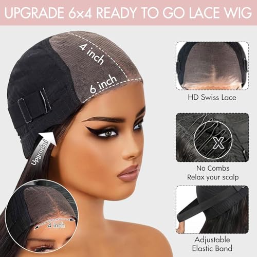 Bob Glueless Wigs Human Hair Pre Plucked Pre Cut 6x4 HD Transparent Lace Front Wigs Human Hair 150% Density Wear and Go Short Straight Wigs for Black Women No Glue Lace Closure Wigs 12 Inch