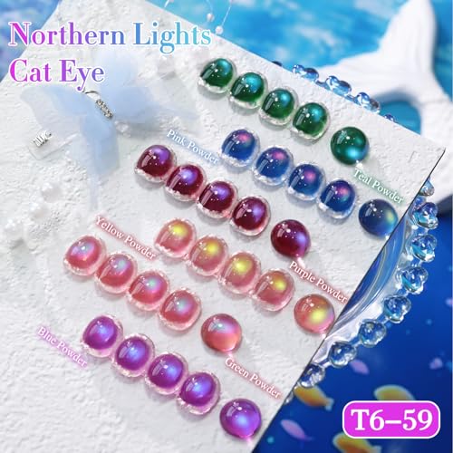 Double Rhythm Cat Eye Gel Nail Polish Set of 6 Same Color Same Bottle 0.5 Oz Shimmer Glitter with Magnet Holographic Reflective Magnetic UV Nail Polish Kit at Home (Glass Galaxy Green-T6-59)