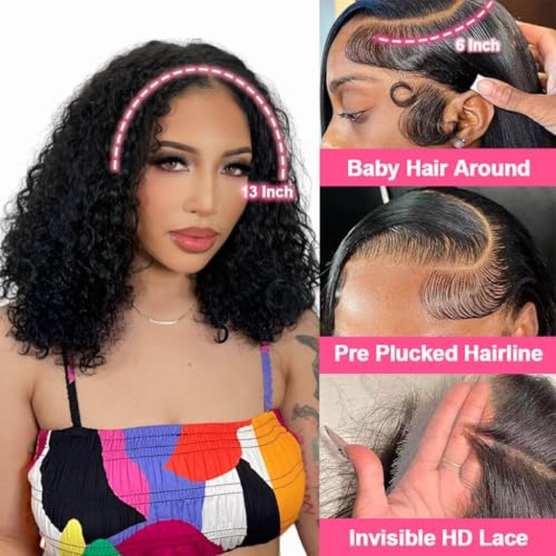 Bob Lace Front Wigs 16 Inch Human Hair Bob Wig Glueless 210 Density HD Deep Wave Lace Front Wigs Pre Plucked With Baby Hair Short Curly Human Hair Wig For Black Women