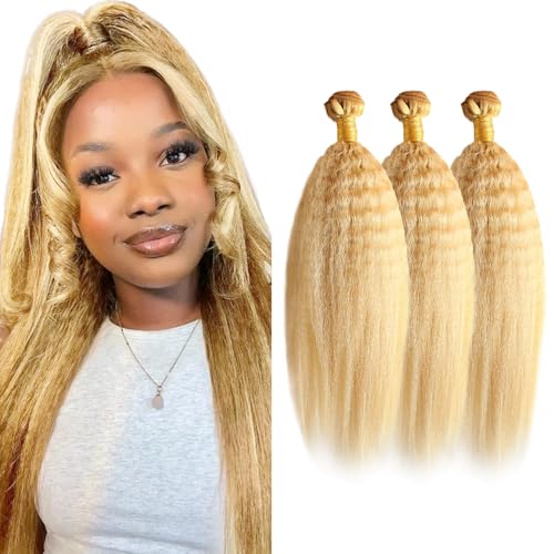 30 30 30 inch P27/613 Human Hair Bundles Blonde Kinky Straight Bundle 613 Yaki Human Hair Bundles 2 Tone #27 Mixed With #613 Yaki Straight Bundle