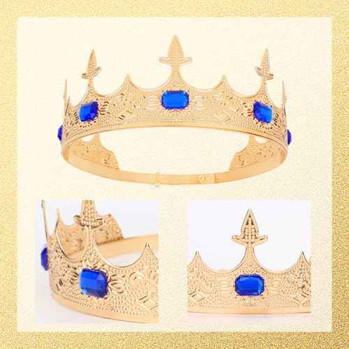 CURASA Birthday King Crowns for Men Gold Birthday Crown for Men Royal Blue Birthday King Sash and Crown Birthday Sash for Men Birthday Decoration Hair Accessories for Mens Party Prom