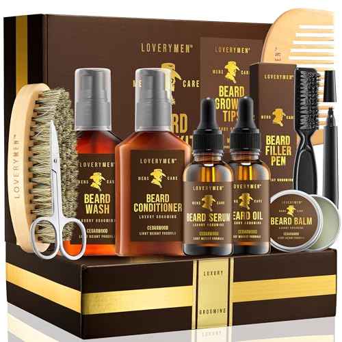 LOVERY Beard Care Kit - Gifts for Dad -12pc Complete Grooming Set in Cedarwood, Beard Balm, Wash, Conditioner, Oil, Serum, Beard Pen Birthday Gifts for Men Boyfriend Husband, Mens Gifts for Him