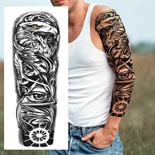 FANRUI 24 Sheets Cool Super Large Full Arm Temporary Tattoo Sleeve For Men with 8 Sheets For Women Thigh, 16 Sheets Flower Eagle Compass Adults Tribal Tiger Tatoo
