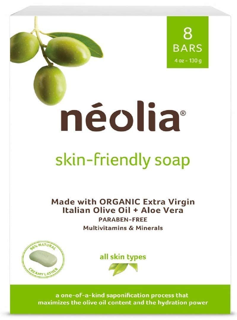 Neolia Olive Oil Soap Bar (8 Pack): Gentle Green Bar Cleanser Made with Organic Italian Extra Virgin Olive Oil & Aloe. Ideal Natural Soap for Dry Skin. Gentle Natural Cleanser for Sensitive Skin.