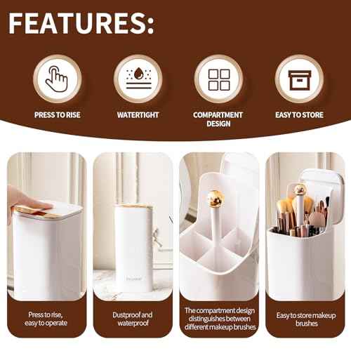Makeup Brush Holder Organizer, One Touch for Open, Dustproof Make Up Organizer with Lid for Vanity Bathroom Countertop,White