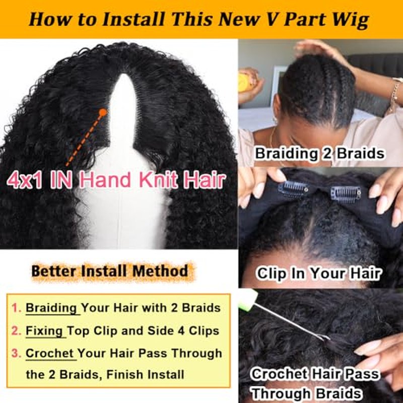 V Part Wig Human Hair Kinky Curly Natural Black 18 Inch | Curly Human Hair Wig Upgrade U Part Human Hair Wigs for Black Women Glueless Wig Wear and Go 180 Density
