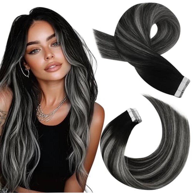Moresoo Tape in Hair Extensions Real Human Hair Balayage Tape in Human Hair Extensions Off Black to Silver Mix Black Pu Skin Weft Tape ins Extensions Remy Hair 24inch #1B/Silver/1B 20pcs 50g