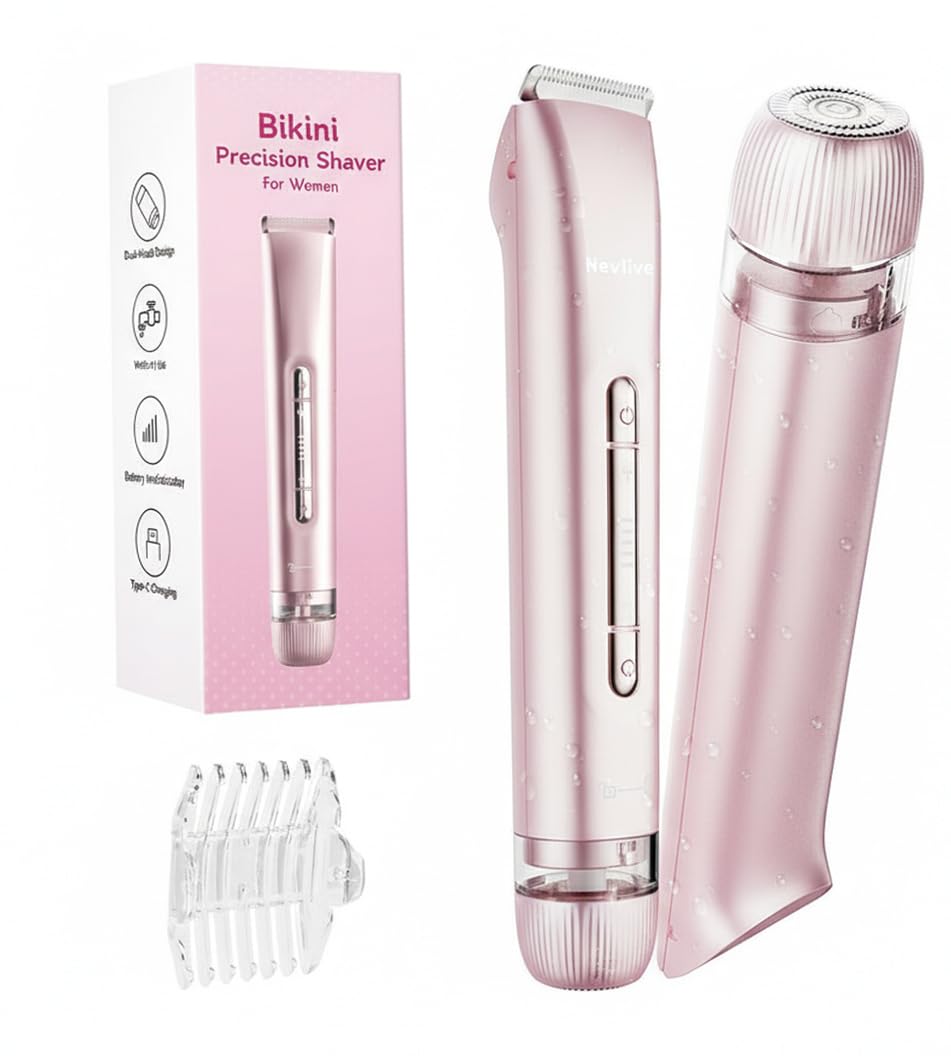 Bikini Trimmer for Women - Painless 2-in-1 Electric Shaver for Sensitive Areas & Bikini Line, Cordless Dual Head Razor, IPX7 Waterproof Wet/Dry, USB-C Fast Charge, Travel-Friendly