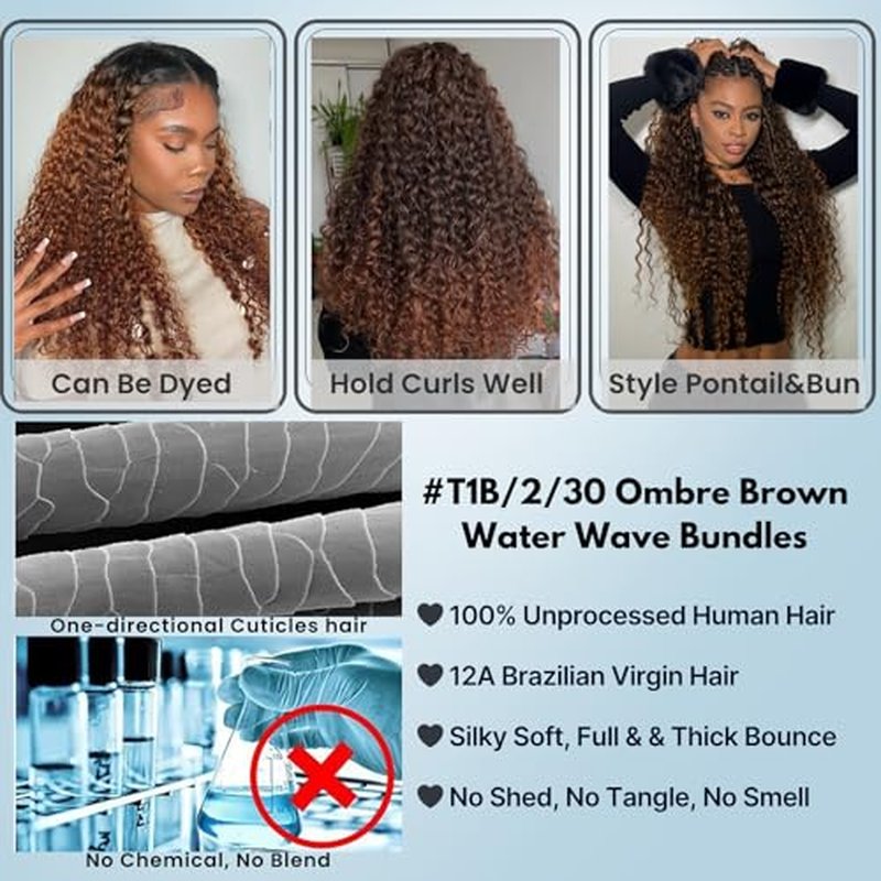 ALHER 12A Ombre Human Hair 3 Bundles Water Wave, Salon Quality Soft Thick Chestnut Brown Ombre Curly Bundles Wet and Wavy 100% Remy Hair #T1B/2/30 Dark Root to Medium Auburn Sew In Weave 10/12/14 Inch