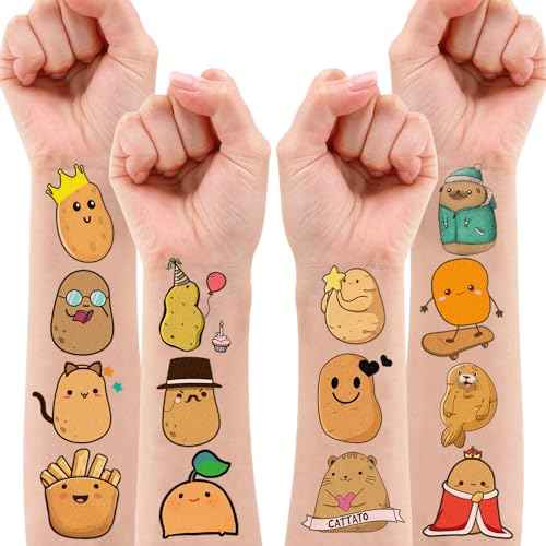 96PCS Potato Pre-cut Temporary Tattoos 8 Sheets Sweet Potato Party Decorations Supplies Favors Chip Potato Theme Birthday Cute Stickers Christmas Gifts for Boys Girls Class School Prizes Carnival