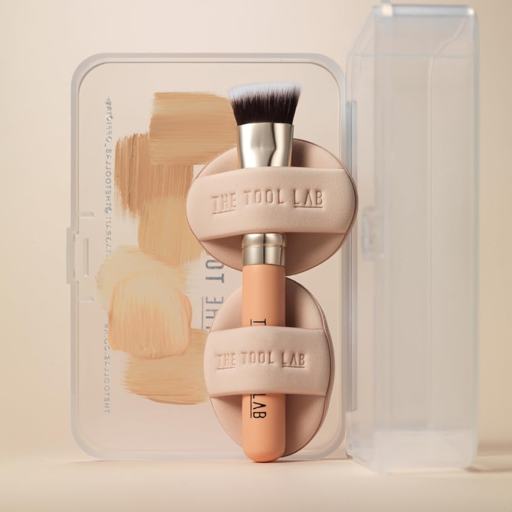 THE TOOL LAB Skinfit Conceal Duo, Flat Foundation Brush & Liquid Foundation Puff Set, Flat Concealer Brush with Foundation Sponge, Professional Makeup Sponge Kit, Korean Makeup