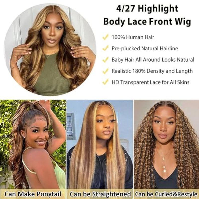 Human Hair Wig 24 Inch 13x4 Ombre Body Wave Lace Front Wigs Human Hair Honey Blonde Wig Pre Plucked with Baby Hair 200 Density 4/27 Highlight Glueless Human Hair Wigs for Black Women