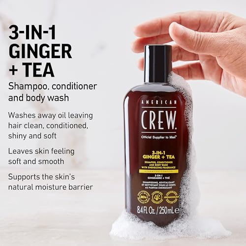 AMERICAN CREW 3-in-1 Ginger & Tea, Shampoo, Conditioner & Body Wash for Men, Hair Care Gift for Him, Revitalizing and Refreshing Fragrance, 33.8 fl oz