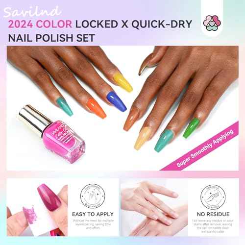 SAVILAND Nail Polish Set Air-Dry: 36 Colors Nail Polish Kit Red Pink Blue Glitter Regular Nails Polish with Base Top Coat Nail Lacquer Acrylic Nail Set for Beginner Home Salon DIY Gift Summer