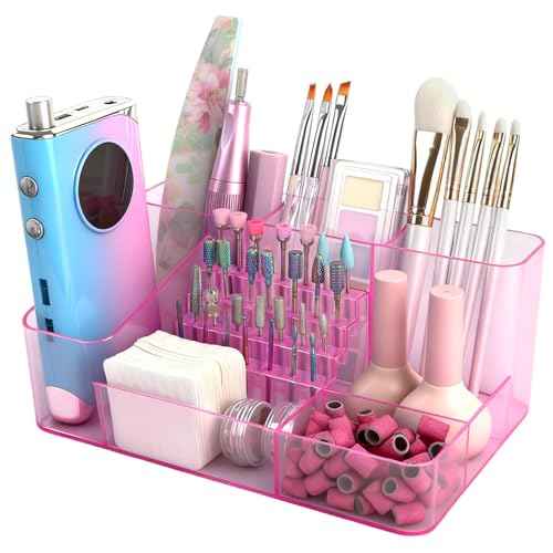 Nail Drill Holder & 28 Holes Nail Drill Bits Holder, Transparent Acrylic Nail Drill Machine Storage Box, Professional Nail Drill Organizer Case for Manicure tools (Pink)