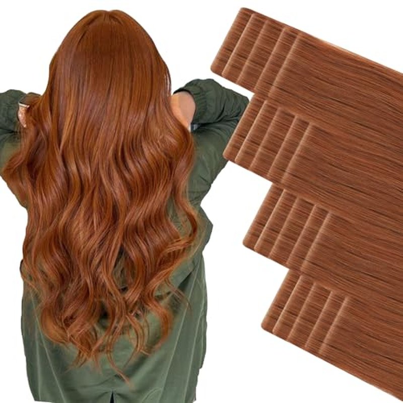 ABH AMAZINGBEAUTY HAIR Invisi Edge Tape in Hair Extensions Real Human Hair, Seamless Injected Hand-Tied Virgin Human Hair Pro Quality Tape ins 20PCS 50G/Pack, Auburn Color #30 20 Inch
