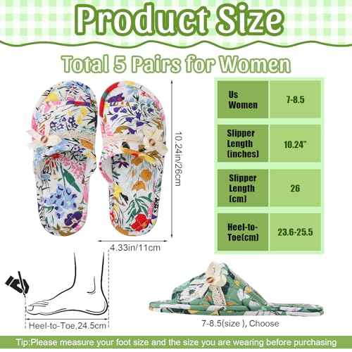 Chuarry 5 Pairs Floral Cotton House Slippers for Women, Soft Open Toe Indoor Spa Slippers for Guests Non Slip Washable Comfortable Portable Shoes for Hotel Travel Bedroom Airplane Party