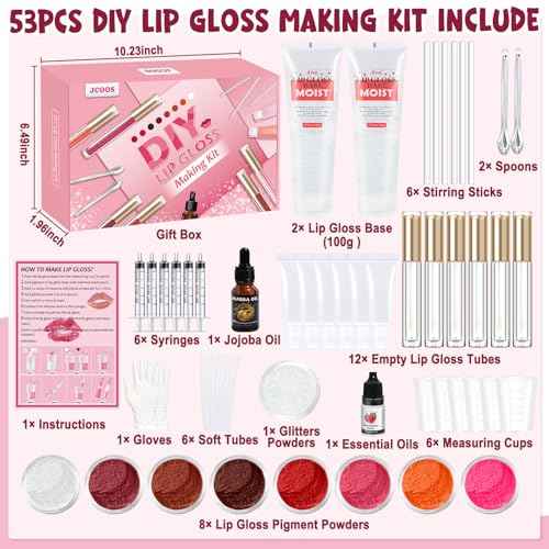 JCOOS Diy Lip Gloss Kit, Lip Gloss Making Kit, LipGloss Making Kit Make Your Own Lip Gloss Making Supplies, Shimmery LipGloss Base, Empty Tubes, Jojoba Oil, Women Teen Girl Gifts Trendy Stuff