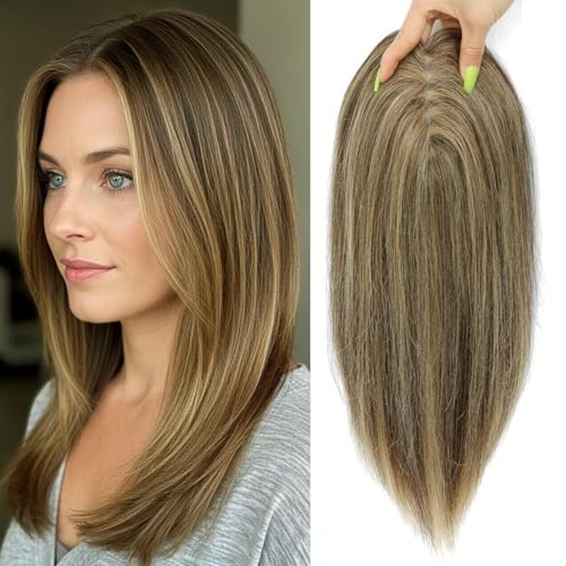 Hair Toppers with Thinning Hair 100% Real Human Topper for Women 12 inch Medium Brown Mix blonde Hairpieces for Women 120% Density top toppers Hairpieces for Thinninghair#427