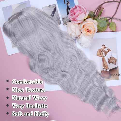 NAYOO Gray Wigs with Bangs - Long Curly Wavy Synthetic Fiber Wigs for Daily Party Use - Heat Resistant - 26 Inches (Silver Gray)