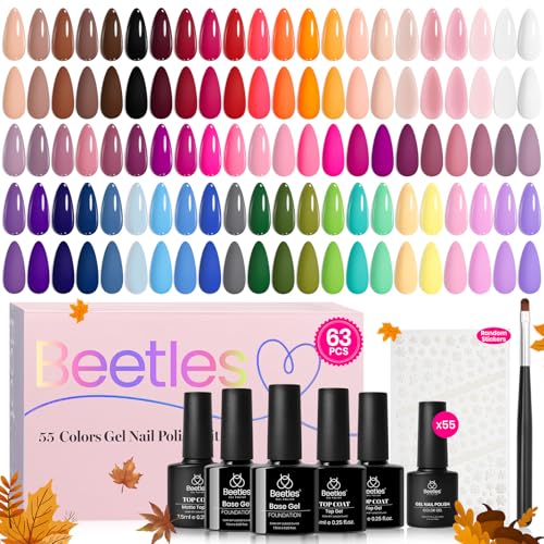 Beetles Fall Gel Nail Polish Set Vibrarnt Holiday 55 Colors Gel Polish Kit with 5 Bottles of Base Glossy Matte Top Coat UV LED Soak off Nail Polish Orange Brown Pink Green Blue Red Gifts for Women
