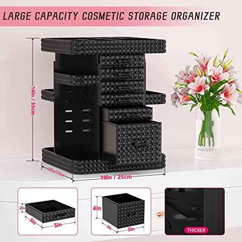 Rotating Makeup Organizer with 6 Drawers[New Updated], Multifunctional Cosmetics Organizer for Vanity Countertop, Square Jewelry Storage, Skincare Organizer for Makeup Holder (Plus Size-Black)