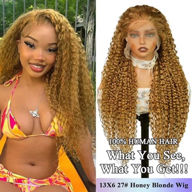 13X6 Honey Blonde Wig Human Hair 27#Color Deep Wave Lace Front Wig Human Hair Pre-Plucked Curly Blonde HD Lace Front Wig 180% Density For Women(starxiu)