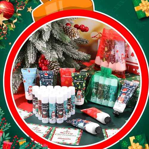 36 Set Christmas Hand Cream Gift Set, Including Moisturizing Christmas Hand Lotion, Xmas Lip Balm, Gauze Bags, Thank You Cards Natural Fragrant Xmas Hand Cream with Lip Balm Christmas Gifts