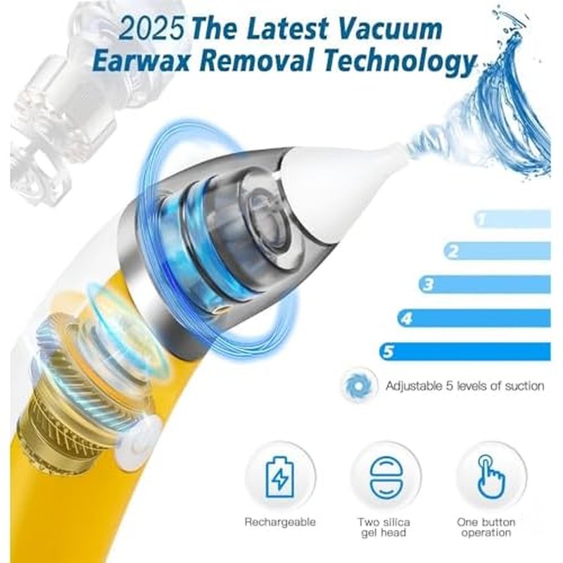 Ear Vacuum Ear Wax Removal Kit with 5 Levels Strong Suction, USB Rechargeable Reusable Electric Ear Suction Vacuum Tool for Adults and Kids (Yellow)