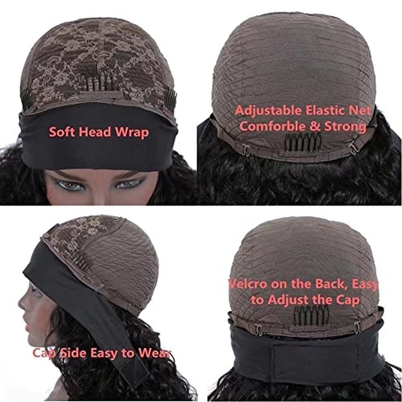 Headband Wigs Human Hair 180% Density 12A Kinky Straight Human Hair Headband Wigs For Black Women Yaki Straight Human with Headband Attached Half Wig Natural Black Color 20 Inch