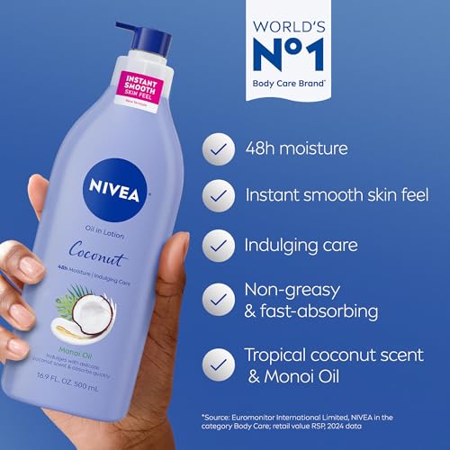 NIVEA Oil Infused Lotion Coconut and Monoi Oil Body Lotion for Women, Fast-Absorbing and Non-Greasy Coconut Scented Lotion Moisturizes for 48 Hours, 16.9 Fl Oz Pump Bottle