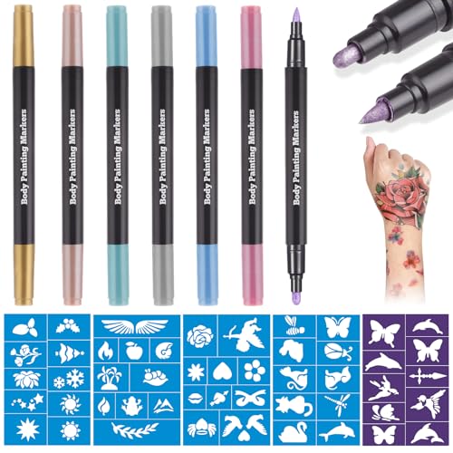 Lictin Temporary Tattoo Markers for Skin, 7 Colors Dual-End Skin Tattoo Pens with 50 Tattoo Stencils, Metallic Body Markers for Kids Teens and Adults, Flexible Brush Tip, Cosmetic-Grade
