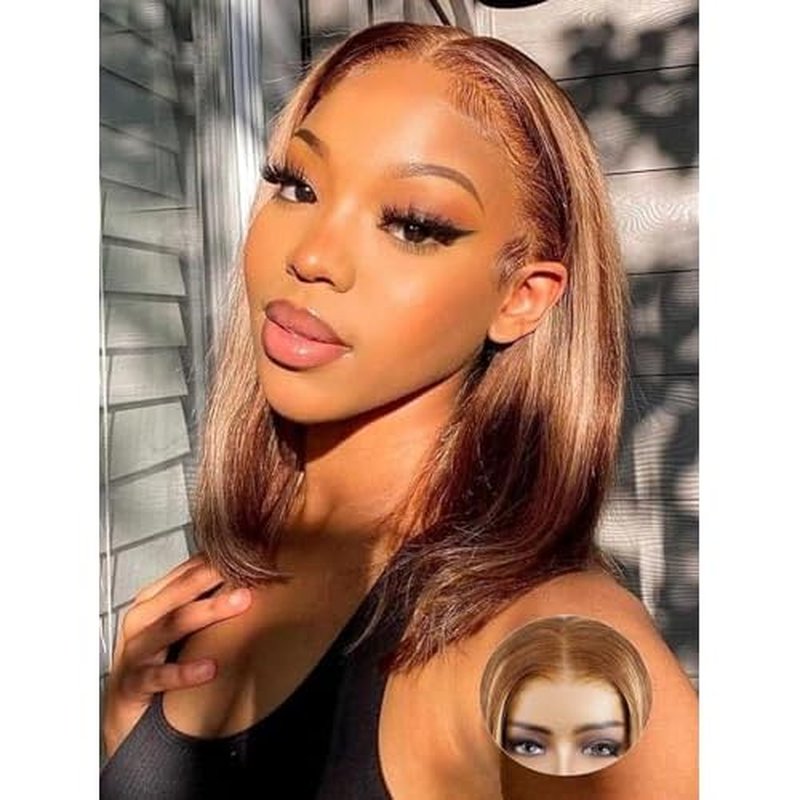 ORIGINAL QUEEN OQ Hair Glueless Wigs Human Hair 5x7 Bob Straight Wigs for Women Highlight Blonde Wear and Go Short Bob Wigs Pre Plucked Pre Cut Pre Bleached 4/27 Color 12Inch