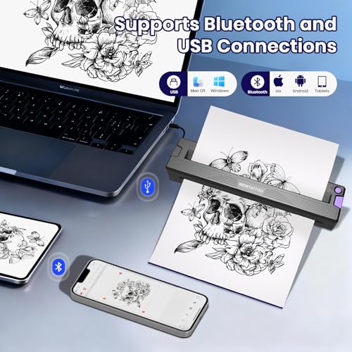300 DPI Tattoo Stencil Printer Machine,Portable Bluetooth Thermal Wireless Printer for Tattoo Artists&Beginners,with Transfer Paper and Thermal Paper,Compatible with Phone&PC