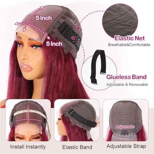 Wear and Go Glueless Bob Wig Human Hair 200% Density 5x5 HD Lace Closure Wigs For Black Women Glueless 5x5 Closure Wigs Human Hair Pre Plucked Bob Burgundy Color 14 Inch