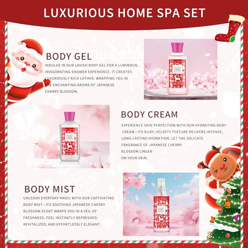 Christmas Bath and Body Gift Set - Festive Japanese Cherry Blossom Spa Kit with Gel, Lotion, Mist, a Must-Have Holiday Gift for Mom, Wife, Sister & Friends to Celebrate Christmas