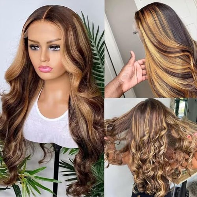 Honey Blonde Ombre Lace Front Wig Human Hair Body Wave 200% Density Highlight 13x4 Lace Front Wigs Human Hair Pre Plucked P4/27 HD Lace Frontal Wig Human Hair for Women (24 inch)
